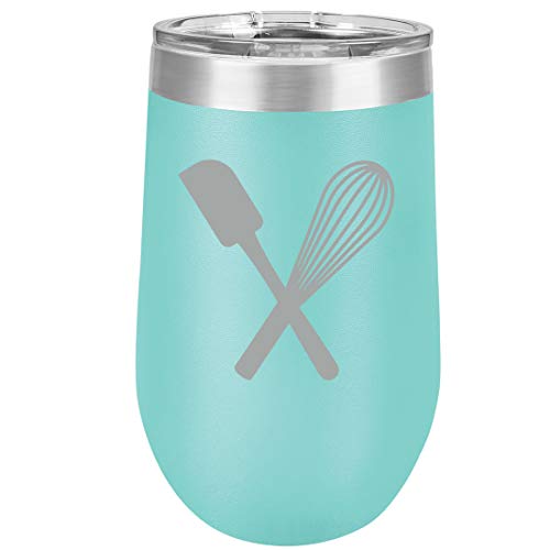 16 oz Double Wall Vacuum Insulated Stainless Steel Stemless Wine Tumbler Glass Coffee Travel Mug With Lid Spatula & Whisk Baking (Teal)