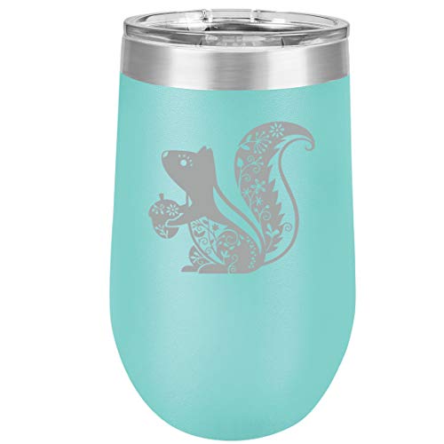 16 oz Double Wall Vacuum Insulated Stainless Steel Stemless Wine Tumbler Glass Coffee Travel Mug With Lid Fancy Squirrel (Teal)
