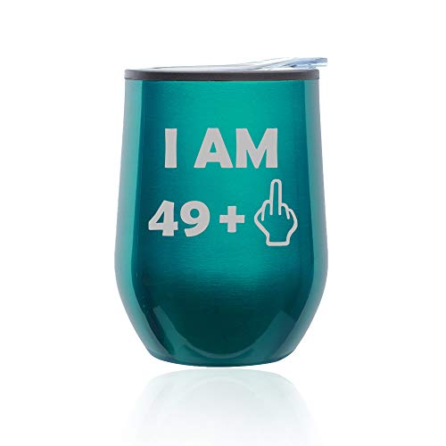 Stemless Wine Tumbler Coffee Travel Mug Glass With Lid 50th Birthday I Am 49 Plus Funny (Turquoise Teal)