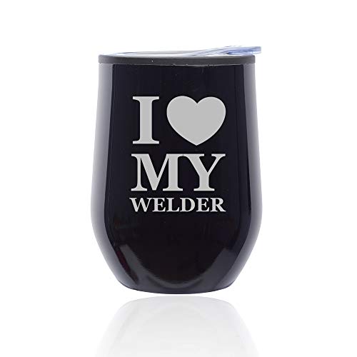 Stemless Wine Tumbler Coffee Travel Mug Glass With Lid I Heart Love My Welder (Midnight Black)