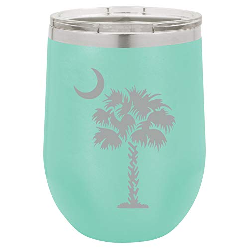 12 oz Double Wall Vacuum Insulated Stainless Steel Stemless Wine Tumbler Glass Coffee Travel Mug With Lid Palmetto Tree South Carolina Palm Moon (Teal)