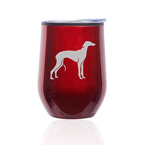 Stemless Wine Tumbler Coffee Travel Mug Glass With Lid Greyhound (Red)