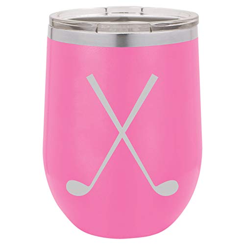 12 oz Double Wall Vacuum Insulated Stainless Steel Stemless Wine Tumbler Glass Coffee Travel Mug With Lid Crossed Golf Clubs (Hot-Pink)