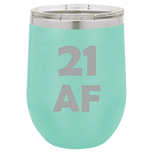 12 oz Double Wall Vacuum Insulated Stainless Steel Stemless Wine Tumbler Glass Coffee Travel Mug With Lid 21 AF 21st Birthday Funny (Teal)