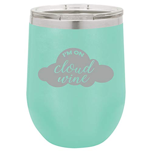 12 oz Double Wall Vacuum Insulated Stainless Steel Stemless Wine Tumbler Glass Coffee Travel Mug With Lid I'm On Cloud Wine Funny (Teal)