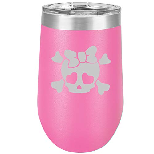 16 oz Double Wall Vacuum Insulated Stainless Steel Stemless Wine Tumbler Glass Coffee Travel Mug With Lid Heart Skull Bow (Hot Pink)