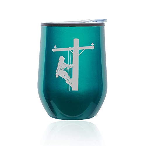 Stemless Wine Tumbler Coffee Travel Mug Glass With Lid Lineman Electric Pole Climber (Turquoise Teal)