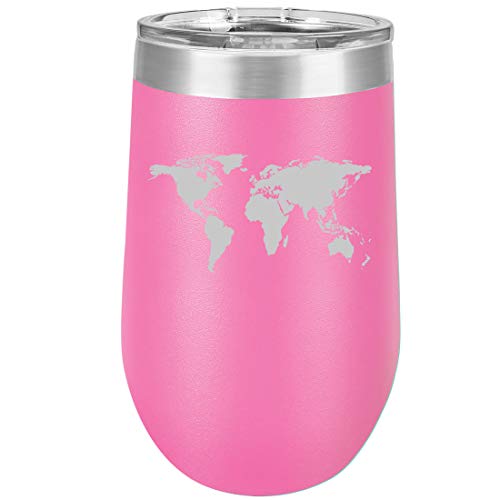 16 oz Double Wall Vacuum Insulated Stainless Steel Stemless Wine Tumbler Glass Coffee Travel Mug With Lid World Map (Hot Pink)