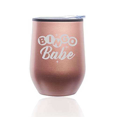 Stemless Wine Tumbler Coffee Travel Mug Glass With Lid Bingo Babe (Rose Gold)