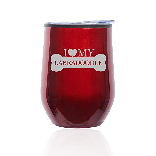 Stemless Wine Tumbler Coffee Travel Mug Glass With Lid I Love My Labradoodle (Red)