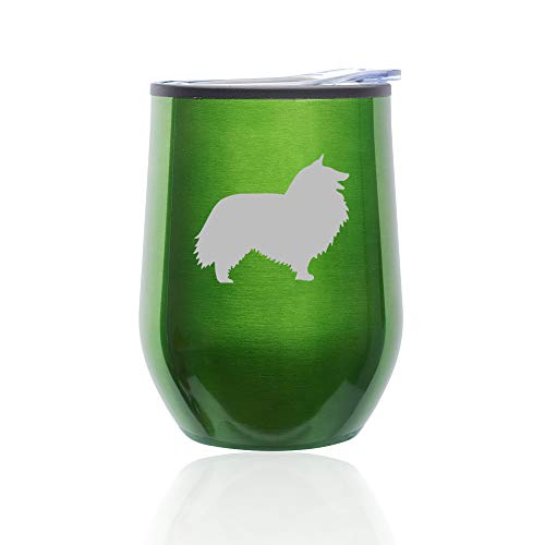 Stemless Wine Tumbler Coffee Travel Mug Glass With Lid Shetland Sheepdog (Green)