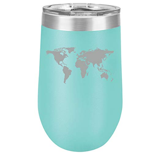 16 oz Double Wall Vacuum Insulated Stainless Steel Stemless Wine Tumbler Glass Coffee Travel Mug With Lid World Map (Teal)