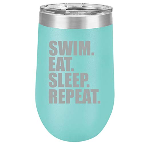 16 oz Double Wall Vacuum Insulated Stainless Steel Stemless Wine Tumbler Glass Coffee Travel Mug With Lid Swim Eat Sleep Repeat (Teal)