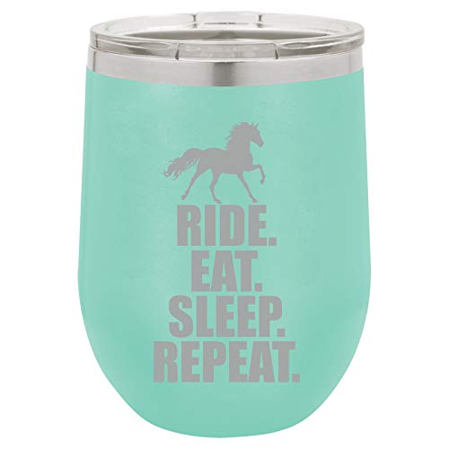 12 oz Double Wall Vacuum Insulated Stainless Steel Stemless Wine Tumbler Glass Coffee Travel Mug With Lid Horse Ride Eat Sleep Repeat (Teal)