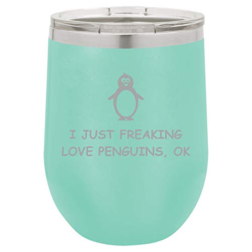 12 oz Double Wall Vacuum Insulated Stainless Steel Stemless Wine Tumbler Glass Coffee Travel Mug With Lid I Just Freaking Love Penguins Funny (Teal)