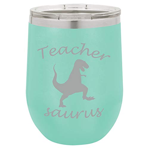 12 oz Double Wall Vacuum Insulated Stainless Steel Stemless Wine Tumbler Glass Coffee Travel Mug With Lid Teacher Saurus Funny T-Rex (Teal)
