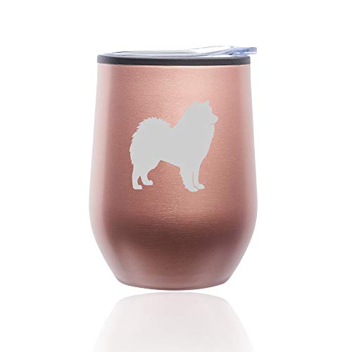 Stemless Wine Tumbler Coffee Travel Mug Glass With Lid Samoyed (Rose Gold)