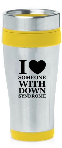 Yellow 16oz Insulated Stainless Steel Travel Mug Z1937 I Love Heart Someone with Down Syndrome