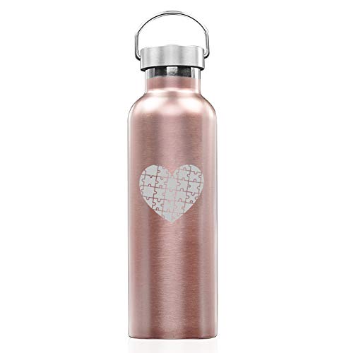 Rose Gold Double Wall Vacuum Insulated Stainless Steel Tumbler Travel Mug Heart Puzzle Autism (25 oz Water Bottle)