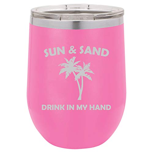 12 oz Double Wall Vacuum Insulated Stainless Steel Stemless Wine Tumbler Glass Coffee Travel Mug With Lid Sun And Sand Drink In My Hand Funny (Hot Pink)