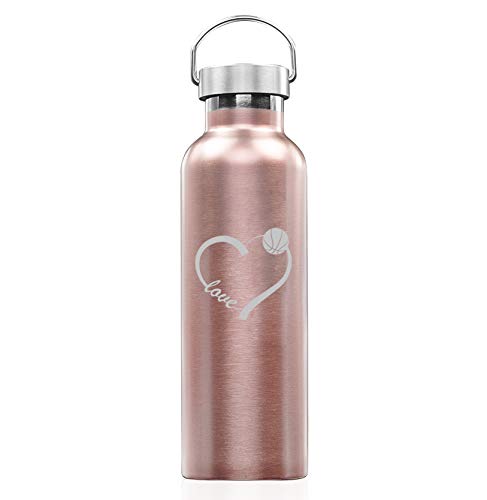 Rose Gold Double Wall Vacuum Insulated Stainless Steel Tumbler Travel Mug Love Heart Basketball (25 oz Water Bottle)