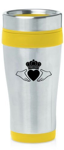 Yellow 16oz Insulated Stainless Steel Travel Mug Irish Claddagh,MIP