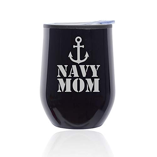 Stemless Wine Tumbler Coffee Travel Mug Glass With Lid Navy Mom (Midnight Black)