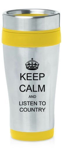 Yellow 16oz Insulated Stainless Steel Travel Mug Z2129 Keep Calm and Listen to Country Crown,MIP