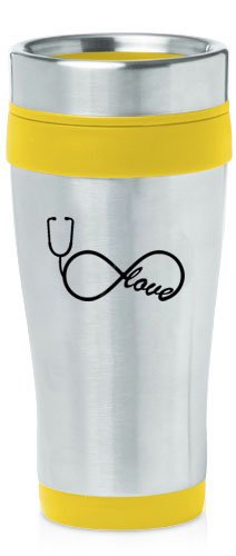 Yellow 16oz Insulated Stainless Steel Travel Mug Infinity Love Nursing Stethoscope