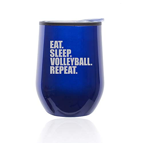 Stemless Wine Tumbler Coffee Travel Mug Glass With Lid Eat Sleep Volleyball Repeat (Blue)