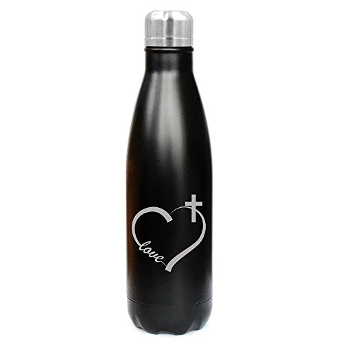 17 oz. Double Wall Vacuum Insulated Stainless Steel Water Bottle Travel Mug Cup Love Heart Cross Christian (Black)