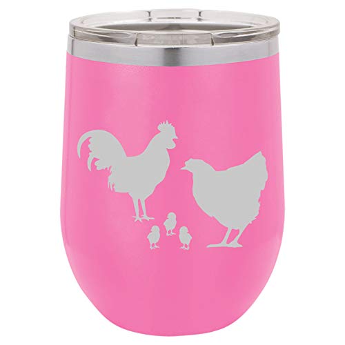 12 oz Double Wall Vacuum Insulated Stainless Steel Stemless Wine Tumbler Glass Coffee Travel Mug With Lid Chicken Family (Hot-Pink)