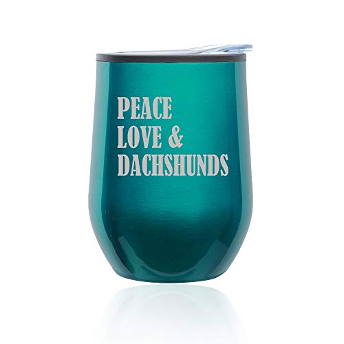 Stemless Wine Tumbler Coffee Travel Mug Glass With Lid Peace Love & Dachshunds (Turquoise Teal)