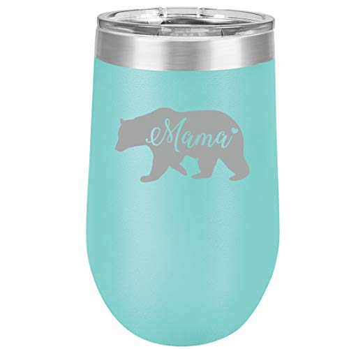 16 oz Double Wall Vacuum Insulated Stainless Steel Stemless Wine Tumbler Glass Coffee Travel Mug With Lid Mama Bear Mom Mother (Teal)