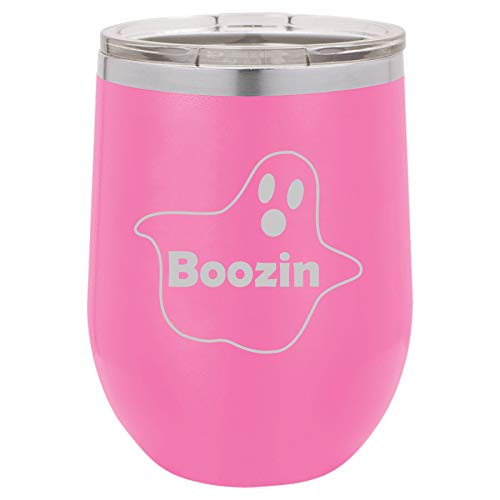 12 oz Double Wall Vacuum Insulated Stainless Steel Stemless Wine Tumbler Glass Coffee Travel Mug With Lid Boozin Ghost Funny Halloween (Hot Pink)