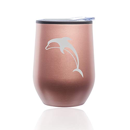 Stemless Wine Tumbler Coffee Travel Mug Glass With Lid Dolphin (Rose Gold)