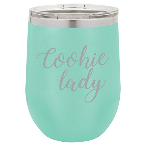 12 oz Double Wall Vacuum Insulated Stainless Steel Stemless Wine Tumbler Glass Coffee Travel Mug With Lid Cookie Lady (Teal)