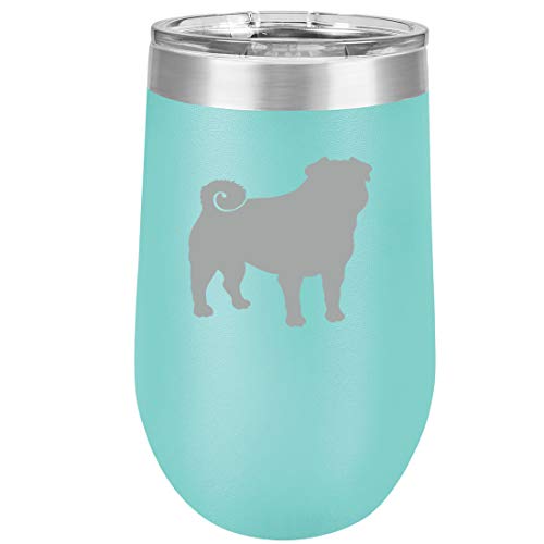 16 oz Double Wall Vacuum Insulated Stainless Steel Stemless Wine Tumbler Glass Coffee Travel Mug With Lid Pug (Teal)