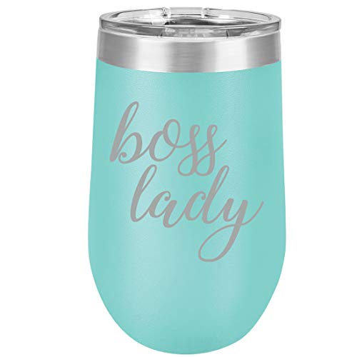 16 oz Double Wall Vacuum Insulated Stainless Steel Stemless Wine Tumbler Glass Coffee Travel Mug With Lid Boss Lady (Teal)