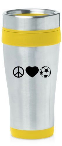 Yellow 16oz Insulated Stainless Steel Travel Mug Z2393 Peace Love Soccer,MIP