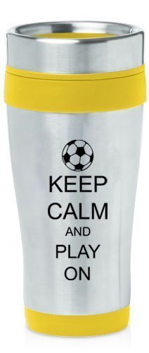 Yellow 16oz Insulated Stainless Steel Travel Mug Z505 Keep Calm and Play On Soccer,MIP