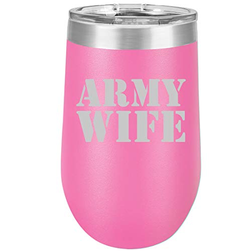 16 oz Double Wall Vacuum Insulated Stainless Steel Stemless Wine Tumbler Glass Coffee Travel Mug With Lid Army Wife (Hot Pink)