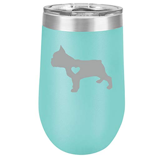 16 oz Double Wall Vacuum Insulated Stainless Steel Stemless Wine Tumbler Glass Coffee Travel Mug With Lid Cute French Bulldog With Heart (Teal)