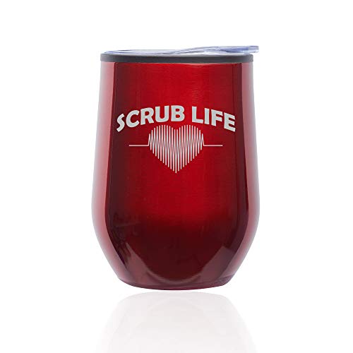 Stemless Wine Tumbler Coffee Travel Mug Glass With Lid Scrub Life Nurse (Red)