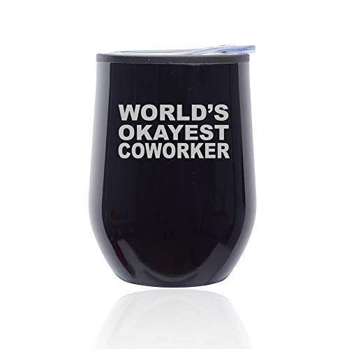 Stemless Wine Tumbler Coffee Travel Mug Glass With Lid World's Okayest Coworker (Midnight Black)
