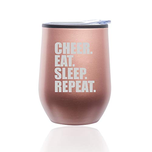 Stemless Wine Tumbler Coffee Travel Mug Glass With Lid Cheer Eat Sleep Repeat Cheerleader (Rose Gold)