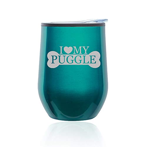 Stemless Wine Tumbler Coffee Travel Mug Glass With Lid I Love My Puggle (Turquoise Teal)
