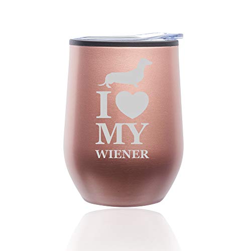 Stemless Wine Tumbler Coffee Travel Mug Glass With Lid I Love My Wiener Dachshund (Rose Gold)