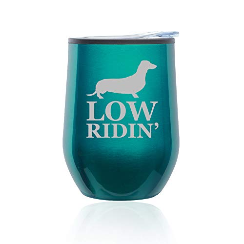 Stemless Wine Tumbler Coffee Travel Mug Glass With Lid Low Ridin' Dachshund (Turquoise Teal)