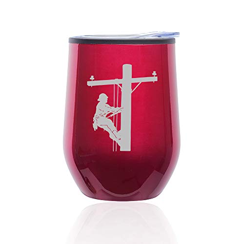 Stemless Wine Tumbler Coffee Travel Mug Glass With Lid Lineman Electric Pole Climber (Fuchsia)